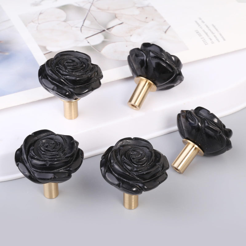 TUMBEELLUWA Set of 2 Carved Rose Flower Crystal Stone Cabinet Knobs with Screws, Natural Black Obsidian Floral Hardware Handles Pulls for Dresser Cupboard Kitchen Decor Black Obsidian-2PCS