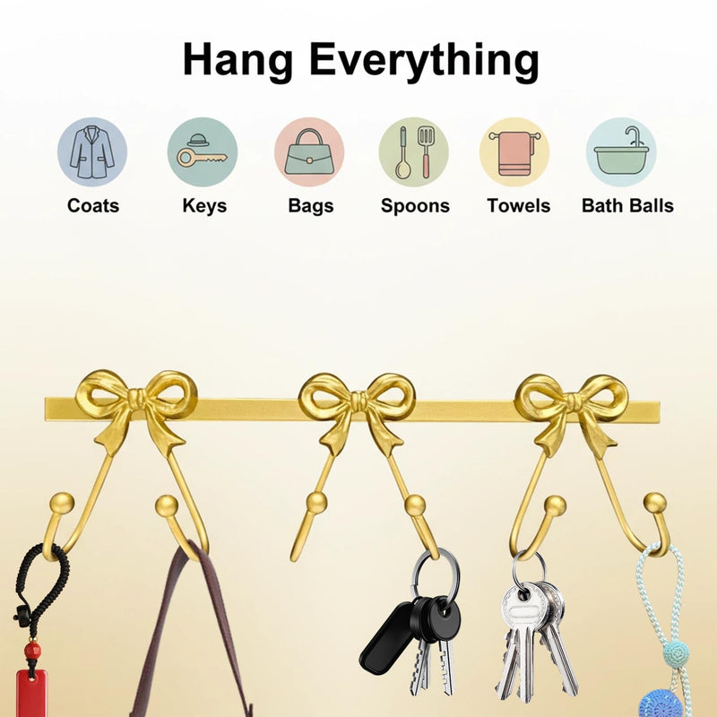 Gold Bow Wall Mounted Coat Rack, Heavy Duty Metal Bow Wall Hooks with 6 Hooks, Decorative Entryway Organizer for Robes Towels Purses Keys Gold