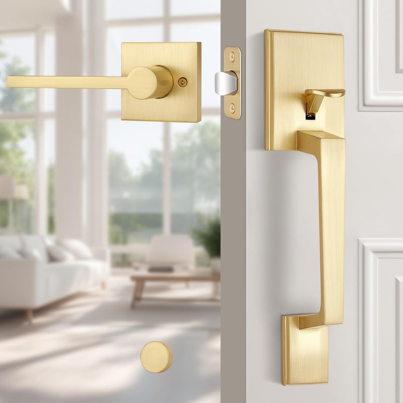 EHOMEWARE Gold Front Door Handle, Exterior Door Handle No Lock, Heavy Duty Entry Door Handleset, Reversible Door Lever for Left/Right Handed Doors, Satin Brass Finish