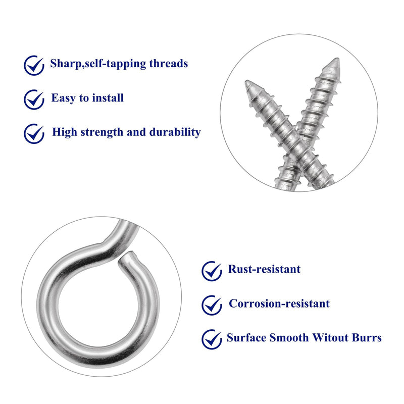20 PCS Eye Screws 2.55 Inch & 2 Inch Stainless Steel Eye Bolt, Heavy Duty Screw Eyes for Wood, Eye Hooks Screw for Secure Cable Wires, Indoor & Outdoor Use, 2 Sizes