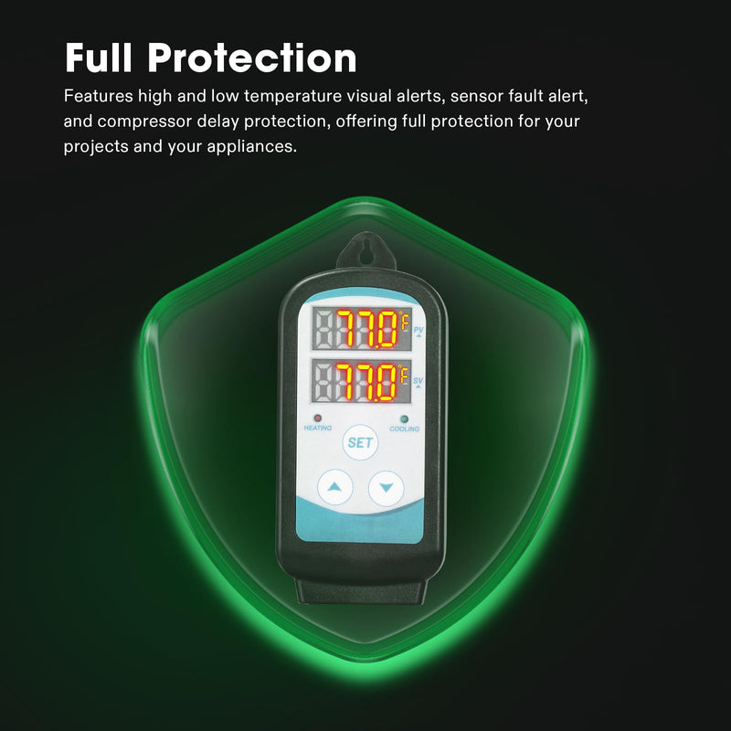 VIVOSUN 1500W Digital Temperature Controller, 2-Stage Outlet Thermostat Heating and Cooling Mode, Thermostat with Dual LED Display, for Homebrew Fermenter Greenhouse Terrarium, 110-240V 15A 1500W