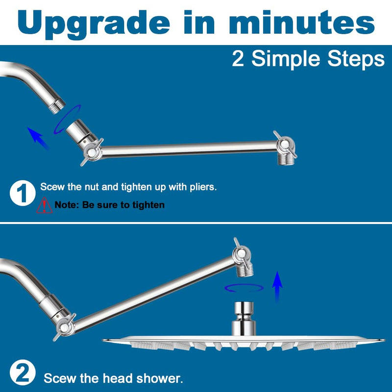 POP SANITARYWARE 12 Inch Shower Head with Adjustable Extension Arm, Stainless Steel Rainfall Showerhead with Shower Arm Extender, Waterfall fixed Showerheads, Chrome Square