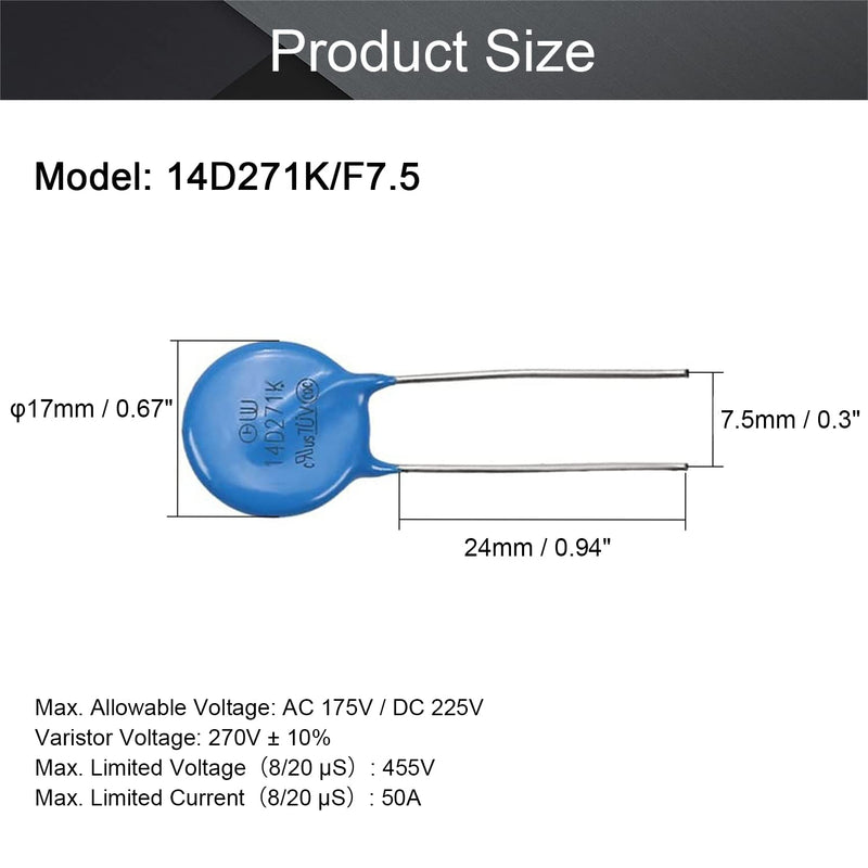 Fielect 10Pcs Voltage Dependent Resistors AC 175V 14D271K/F7.5 Radial Lead Disc Varistors 10Pcs 14D271K 175V 24mm