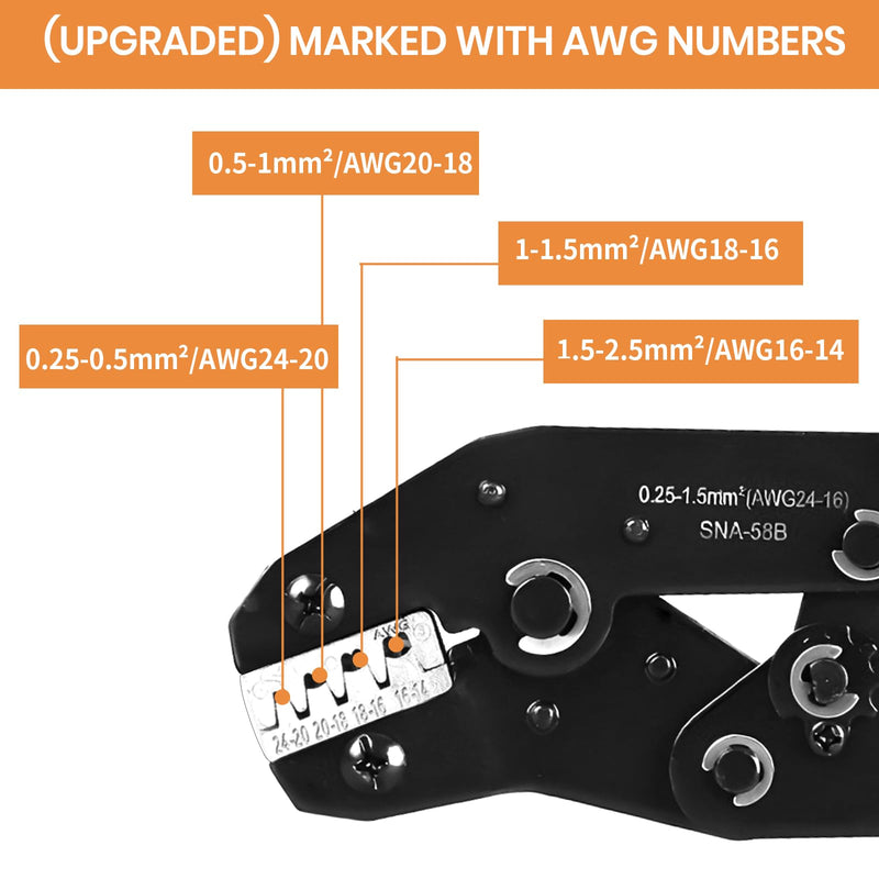 Wire Crimping Tool with Ratchet, Amliber Ratchet Wire Crimper Tool for Open Barrel Terminal Connectors, Electrical Crimping Tool for Molex Style Deutsch DELPHI AMP JST TYCO Terminals, 24-14 AWG