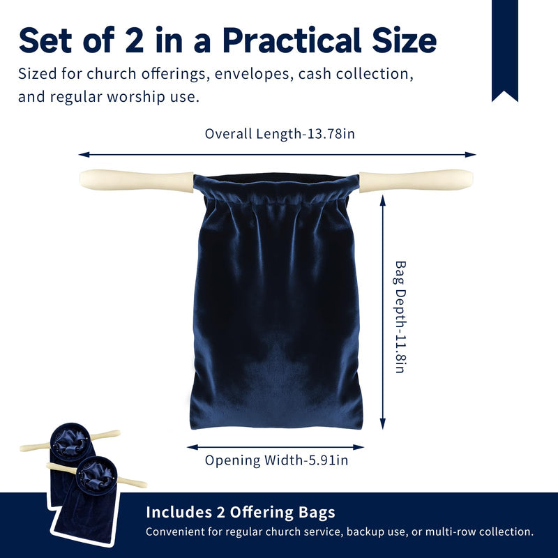2 Pack Royal Blue Church Offering Bags with Wooden Handles, Velvet Tithe Collection Bags with Neat Open Shape and Lined Interior for Worship Service and Church Giving