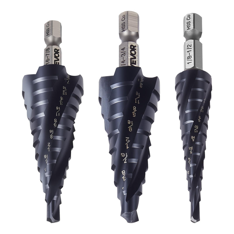 VEVOR Step Drill Bit Set, 1/8-7/8 inch, 3 Pieces Step Drill Bits, 1/4 inch Hex Shank, TiAlN Coating Cobalt HSS High Speed Steel, for Metal, Stainless Steel, Aluminum, Wood, Plastic, Fiberglass 1/8-7/8" (3-Piece Set)