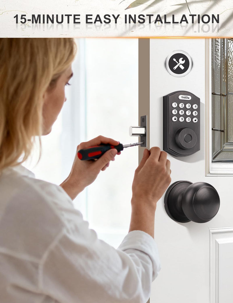 Tinewa Smart Locks for Front Door - Oil Rubbed Bronze Keyless Entry Door Lock with Flat Ball Door Knobs, Electronic Digital Keypad Deadbolt with Fingerprint, APP Control, Easy Installation Oil Rubbed Bronze-Flat Ball Door Knob