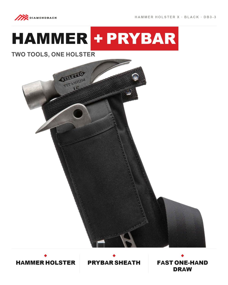 Diamondback Hammer Holster X - Hammer & Pry Bar Holder for Tool Belt | Open-bottom utility sheath with side-carry design - fits behind any size pouch - 10 x 5 x 2 in, just 0.44 lb Black Left Side