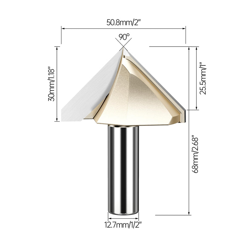 HUHAO Professional Grade 90-Degree V Groove Router Bit, 1/2" Shank 2" Cutting Diameter, Carbide CNC Router Bit for Precision Woodworking, Engraving & Sign Making 1/2*2