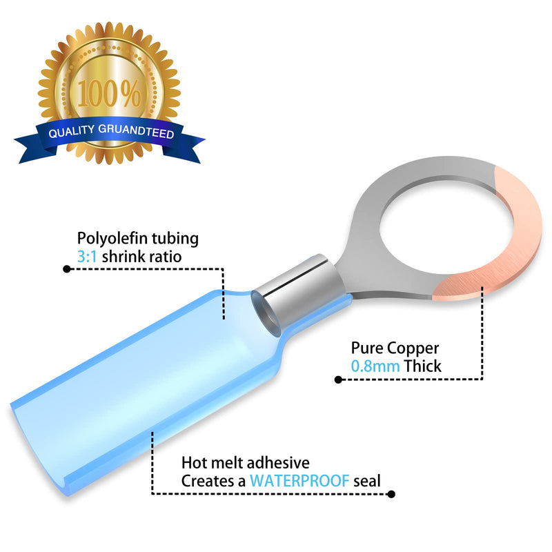 Sanuke 105Pcs 16-14 AWG - #10 Heat Shrink Ring Terminals 0.8mm Tinned Pure-Copper Marine Grade Waterproof Heat Shrink Wire Connectors Blue Ring #10 AWG 16-14 Blue 105