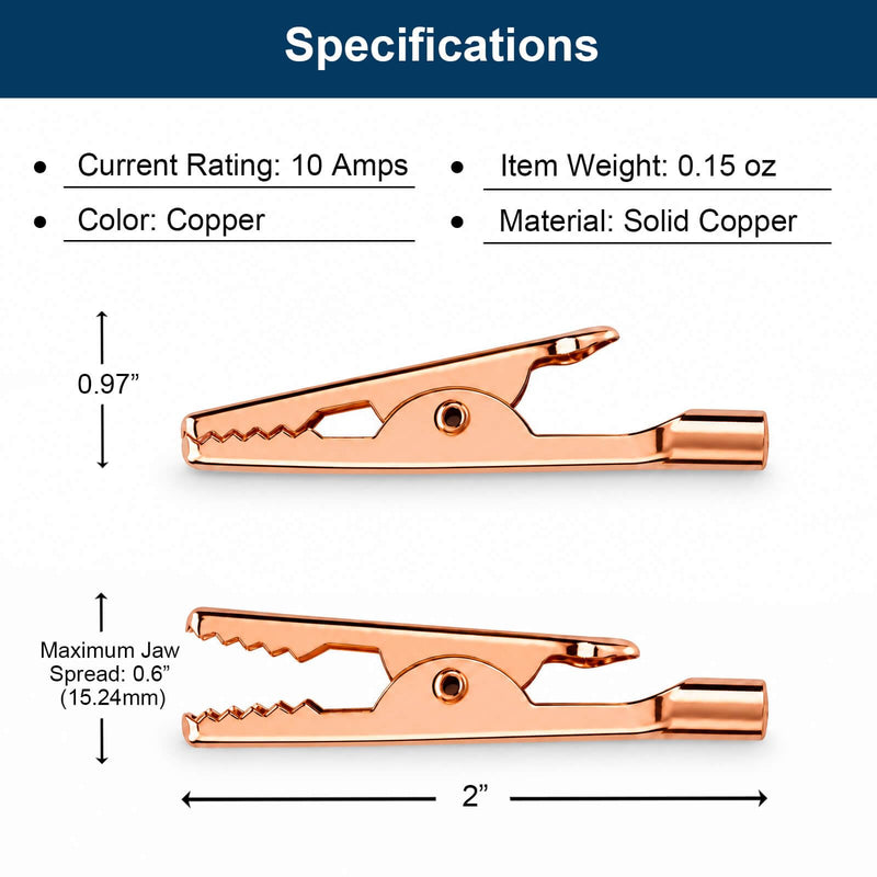 Solid Copper Alligator Clips (10PCS), 2" Copper Crocodile Clamps for Soldering Heat Sink, DIY Electronics, Test Leads, Battery Connection, Up to 10 AWG, 10A