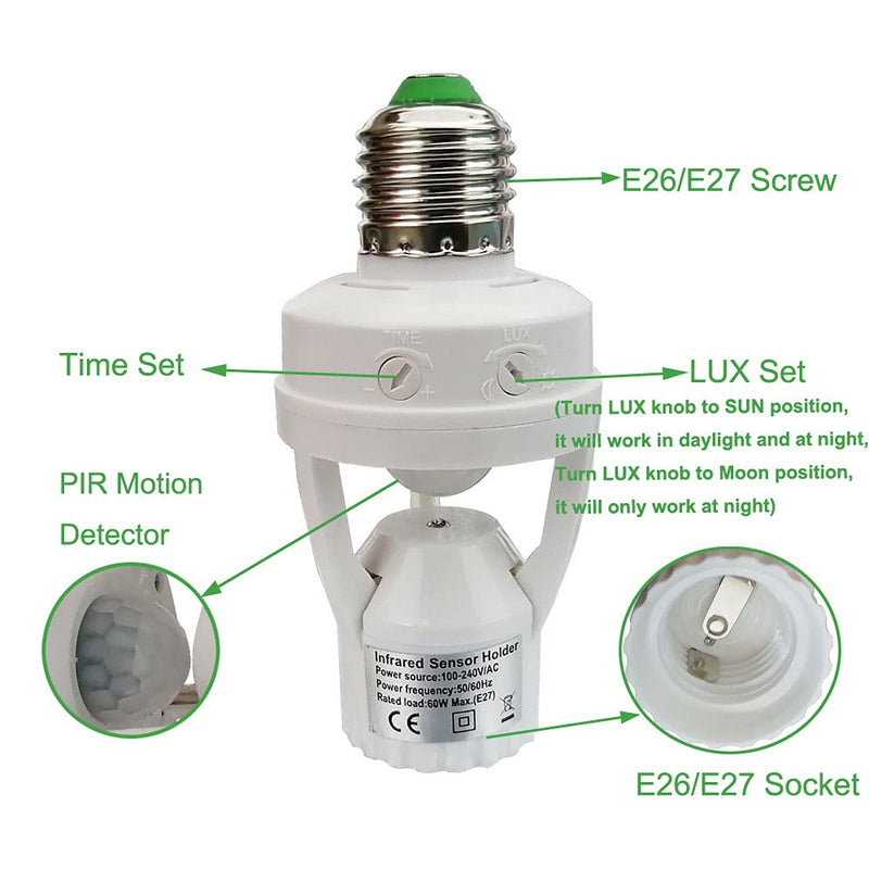 PIR Motion Sensor Light Socket,E26/E27 Smart Lamp Bulb Holder Adapter Auto On/Off Light Control Suitable for Garage Basement Porch Storage Room Indoor Use Only