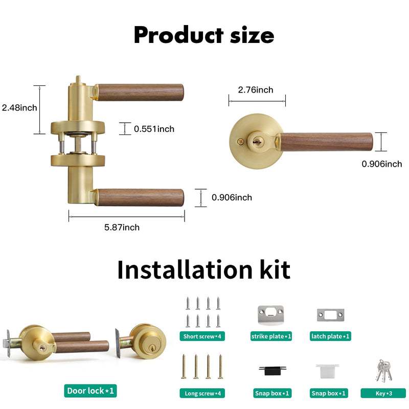 YAGU Wooden Round Entry Lever Door Handle and Single Cylinder Deadbolt Locking Lever Handle Set Pack of 1 [Front Door or Office] Right & Left Sided Doors Heavy Duty – Satin Brass Finish 1 Pack Entry & Deadbolt Combo