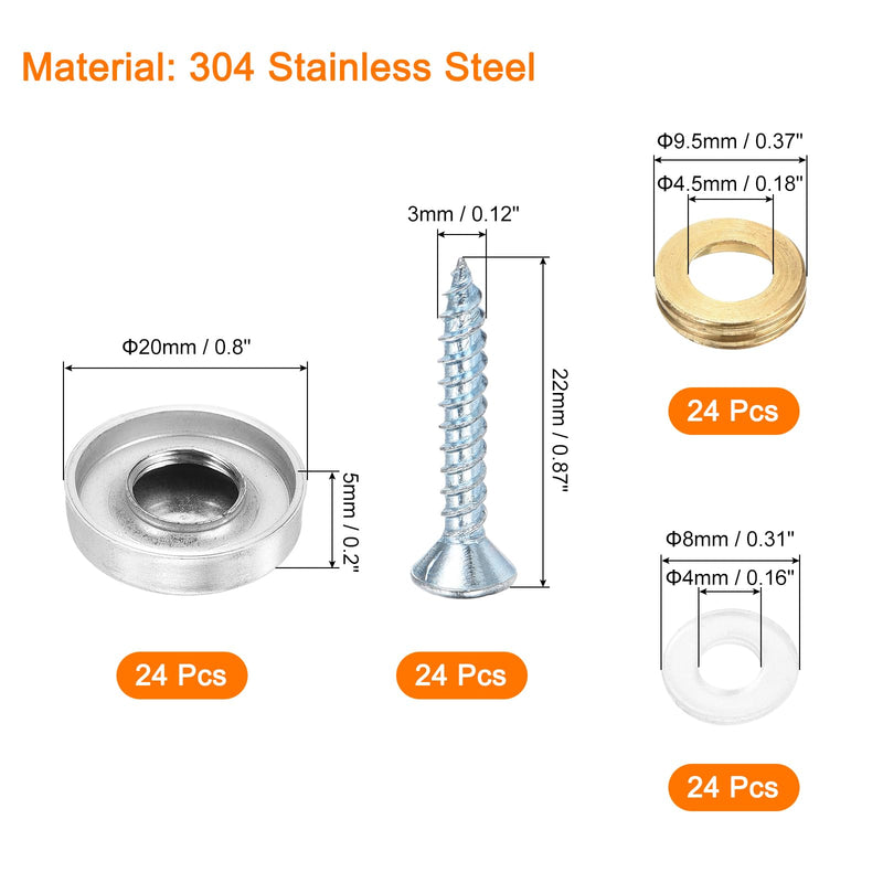 uxcell 24 Pcs Screw Covers Caps, 304 Stainless Steel Mirror Screws Decorative Caps Cover Nails, Mirror Screws Fasteners for Sign Advertising Hardware Construction, 20mm Diameter, Silver