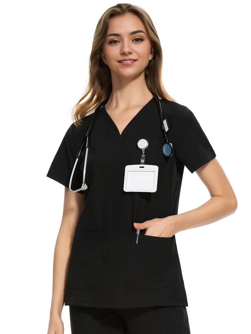 COZYFIT Medical Scrub Tops for Women - Soft Stretch,Curved V-Neck Scrub Tops with 3 Pockets Black X-Large