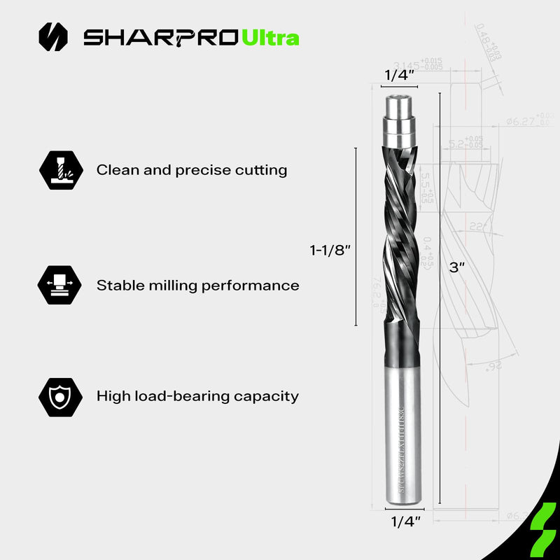 Flush Trim Router Bit with Bottom Bearing 1/4" Shank Compression Spiral Flush Cut Bit for Woodworking, Pattern Trimming, Laminate, CNC and Handheld Router