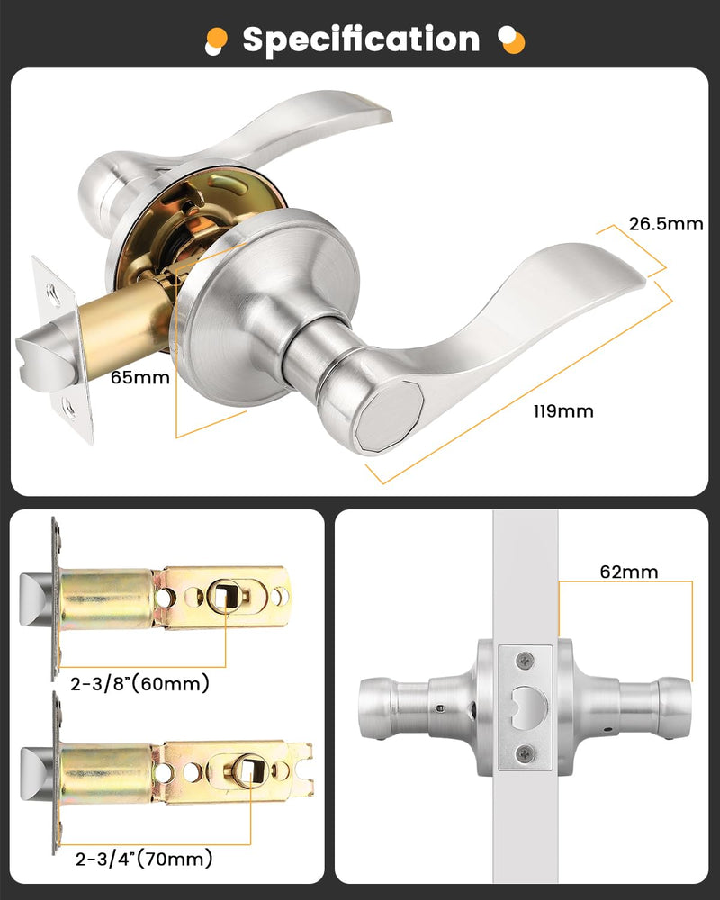 Gobrico 1 Pack Passage Door Handle in Satin Nickel, Interior Closet Hallway Drop Style Door Lever, Heavy Duty Door Knob Without Locking