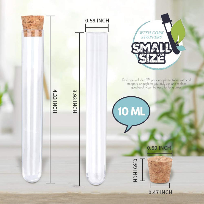 HNYYZL 25Pcs Clear Plastic Test Tubes with Cork Stoppers, 15x100mm 10ml, Good Seal for Jewelry Seed Beads Powder Spice Liquid Storage, Lab Use or Decoration 25