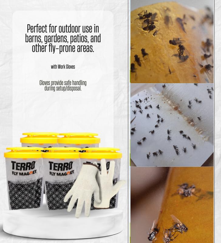 5X TERRO Fly Magnet Disposable Fly Trap 1 pk Bundle with Work Gloves – Outdoor Trap attracts and captures Common Flies; Simple Setup with no-Mess Disposal After use – Gift Set (6 Items)