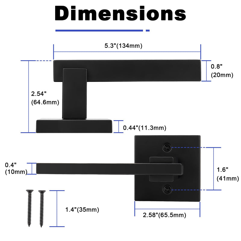 Orger 2 Pack Matte Black Dummy Door Handle Non-Functioning Door Lock, Dummy Door Lever with Square Rosette, Black Interior Door Handle for Left and Right Hand Use