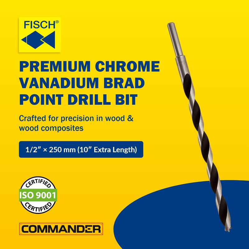 FISCH Premium Brad Point Drill Bits 1/2" x 250mm(10") for Fast Cutting in Soft, Hard, Veneered and Laminated Wood, MDF and Acrylic Glass Beveled Edge for Fast, Easy Cutting - FSF-328599 - Austria