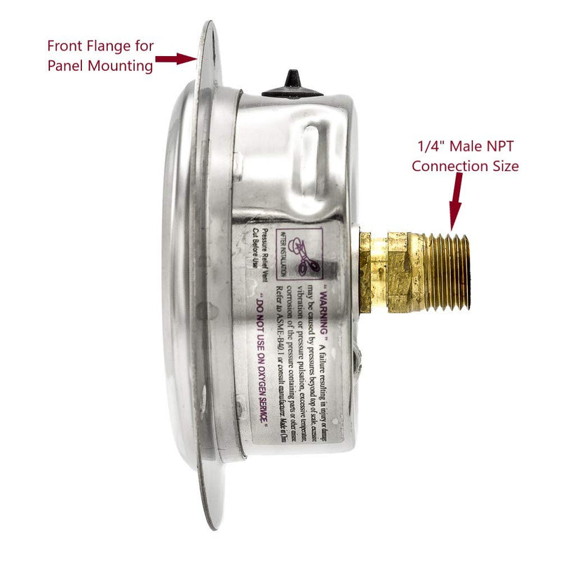 PIC Gauges PRO-204L-254F Panel Mount Front Flanged Glycerin Filled Industrial Pressure Gauge w/ SS Case, Brass Internals, Plastic Lens, 2.5" Dial, 0/160 psi Range, 1/4" Male NPT 0 - 160 PSI