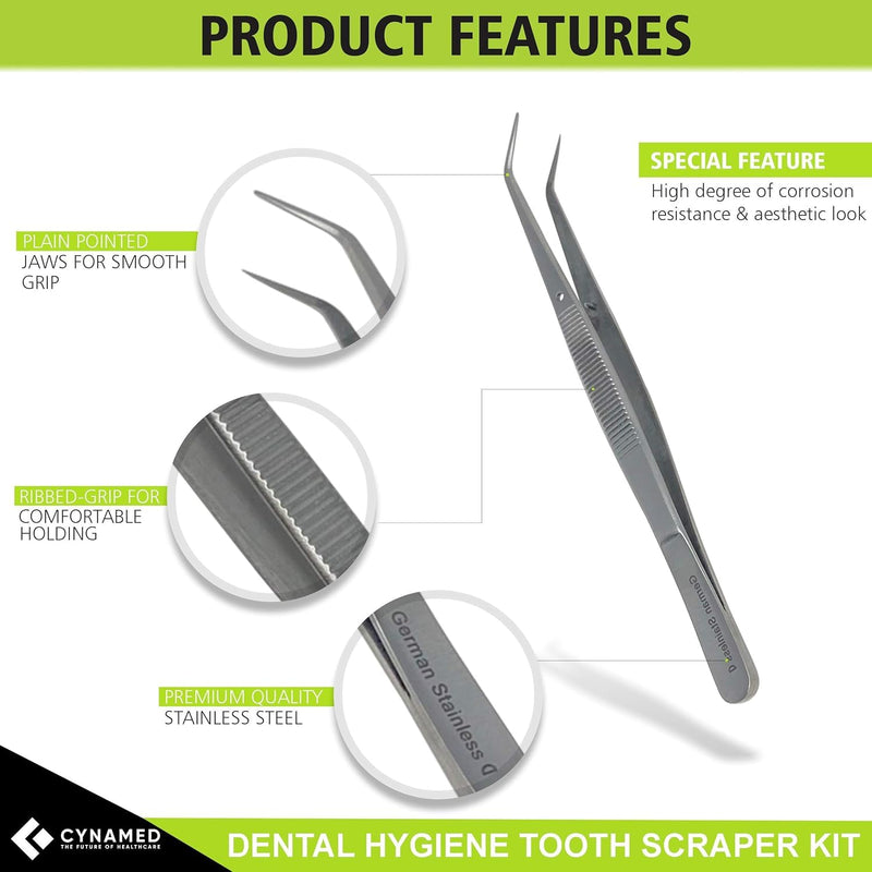 CynaMed Dental Tools Oral Care Kit (5-Pack) – Stainless Steel Dental Pick, Tartar Scraper, Scaler, Tweezers, and Mouth Mirror for Personal & Pet Use Pack of 5