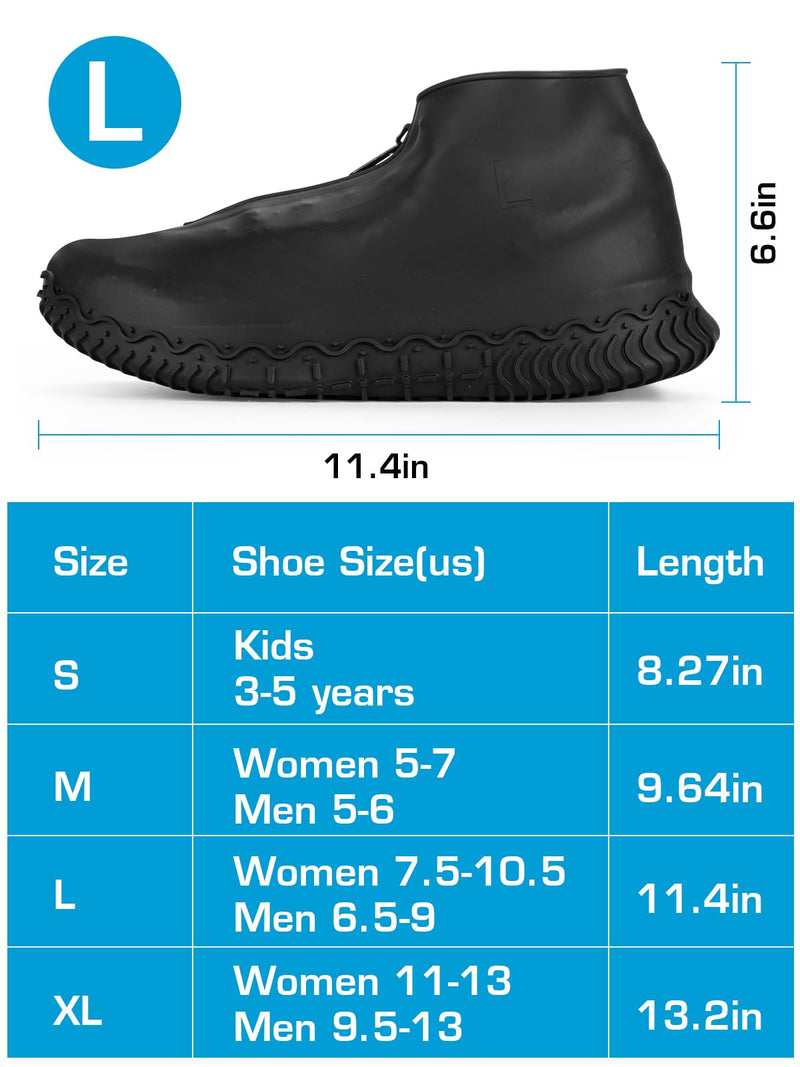 Waterproof Rain Shoe Covers, Silicone Overshoes with Zipper Non-slip Galoshes for Men and Women XL(Women 11-13, Men 9.5-13) Black