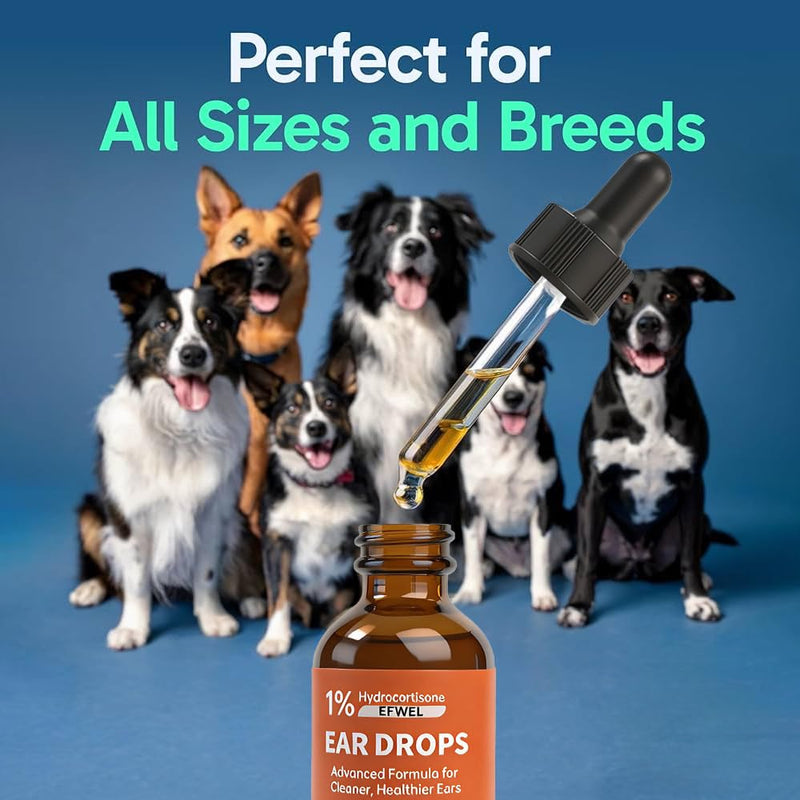 Dog Ear Cleaner Drops with 1% Hydrocortisone, Natural Infection Treatment for Dogs and Cats, Yeast Infection and Itchy Ear Relief, 2 fl oz