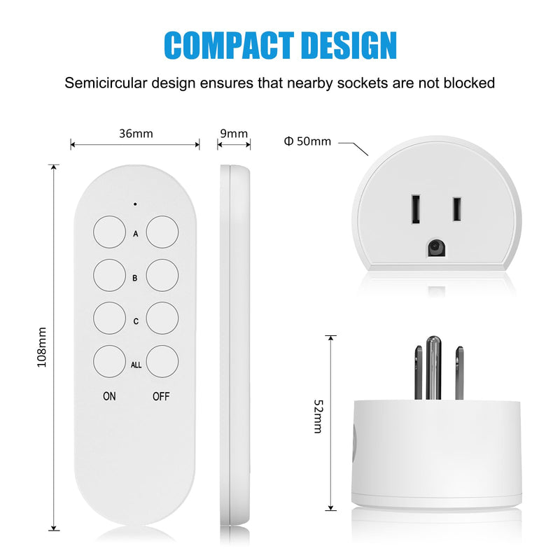 Wireless Remote Control Outlet, SURNICE Mini Remote Light Switch 10A/1200W for Christmas Lights, Up to 130 FT Long Range, FCC and ETL Certified 1T+3R