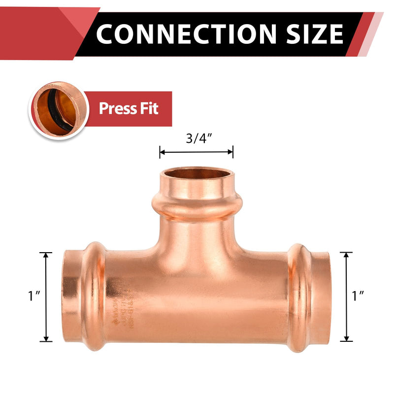 5Pcs EFIELD 1"x 1"x 3/4"Copper Press Fit Reducing Tee(PRESS010-5) 1" X 1"X 3/4" 5