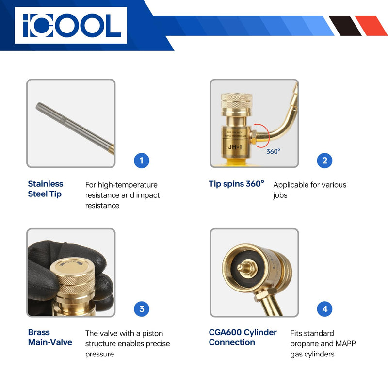 ICOOL Single Flame Hand Torch, Maximum Temperature 3600℉, Propane MAPP Gas Torch for Welding Brazing Plumbing HVAC