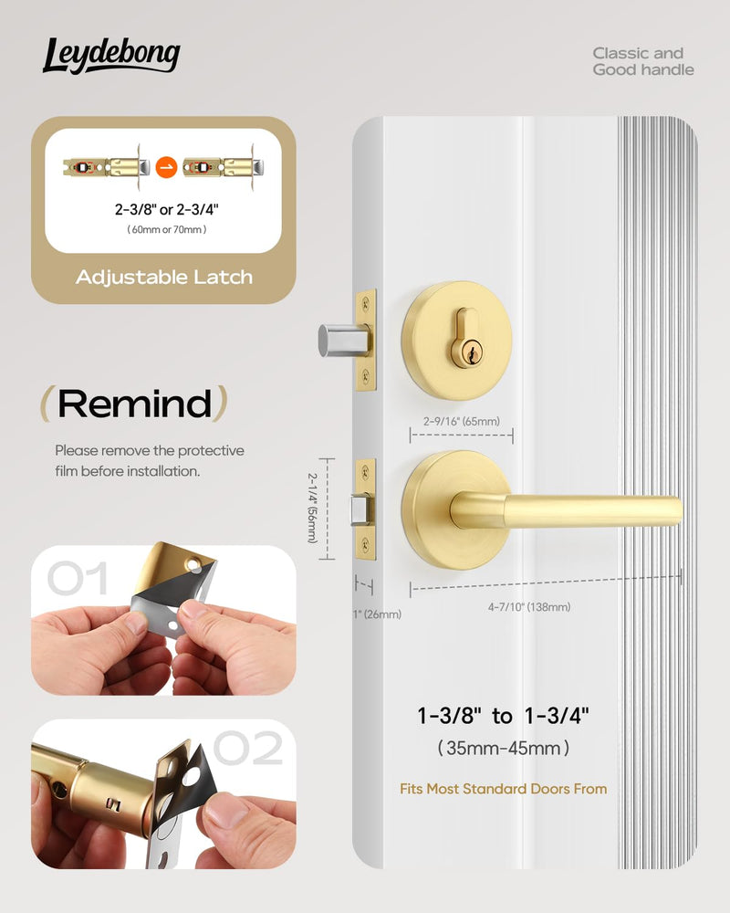 Leydebong 1 Pack Gold Front Door Locksets with Deadbolt, Satin Brass Door Handles, Combination Door Lock, Keyed Alike Exterior Door Lever Satin Brass - Keyed Alike Deadbolt Lock Set