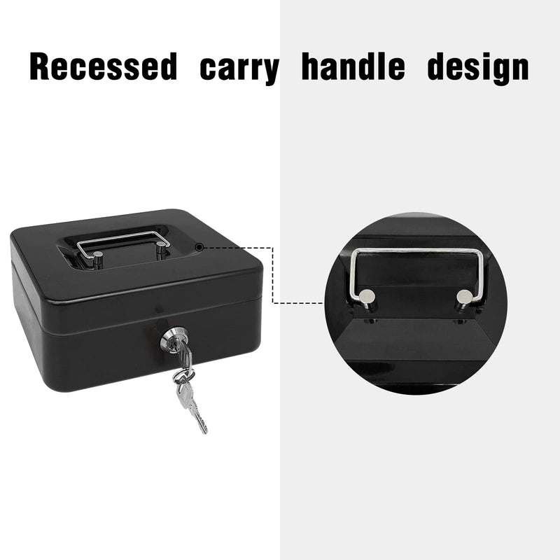 Steel Cash Box with Key Lock, Metal Small Money Organizer with Money Tray,Cash Storage Box with Lockable Cover (Black - 8 inch) Black - 7.8" x 6.3" x 3.3"
