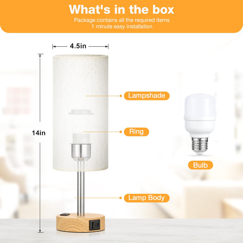 Bedside Table Lamp for Bedroom - 3 Way Dimmable Touch Lamp USB C Charging Ports and AC Outlet, Small Lamp Wood Base Round Flaxen Fabric Shade for Living Room, Desk, LED Bulb Included Cream Shade-Wood Base 14" Touch Control