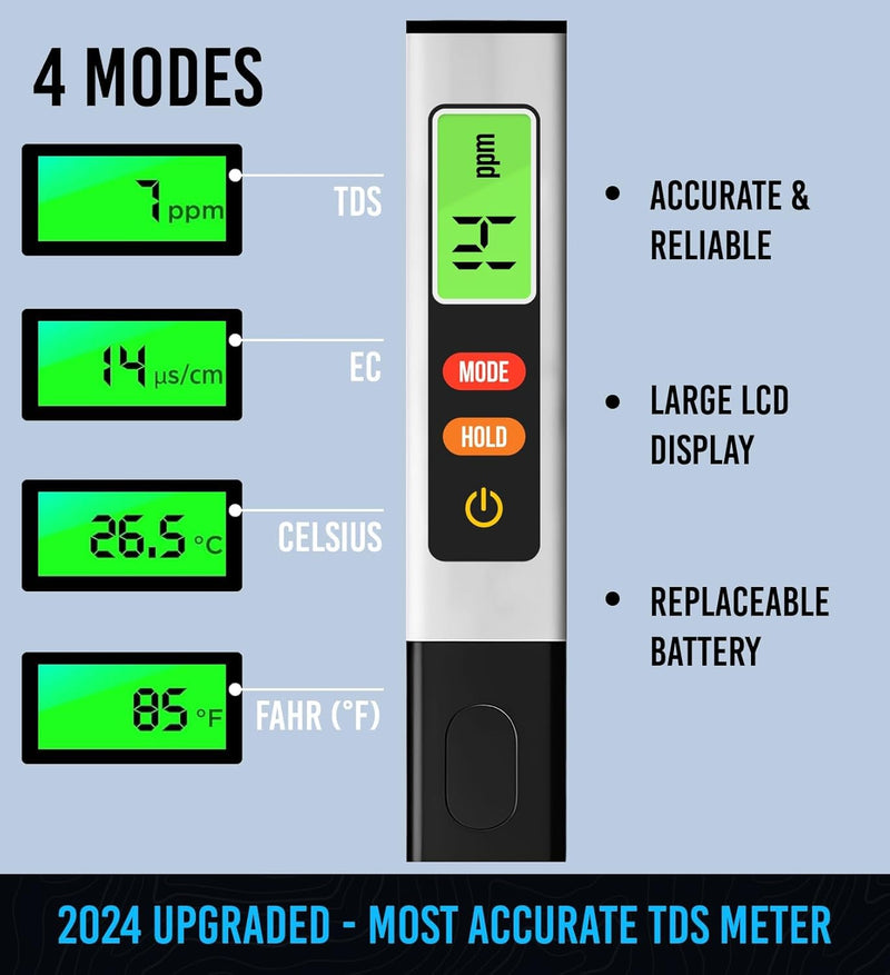 4-in-1 Accurate and Reliable, Digital TDS Meter EC Meter Temp (°C,°F) Meter 0-9990ppm, Professional Water Hardness Tester for Drinking Water, RO/DI System, Aquariums etc