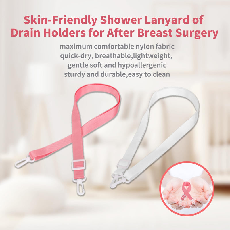 Shower Lanyard for Mastectomy Drain Holder with Hook 2PCS Quick Dry JP Drain Holders for After Breast Surgery Skin Friendly Drain Holder After Tummy Tuck Adjustable Mastectomy Recovery Supplies White and Pink