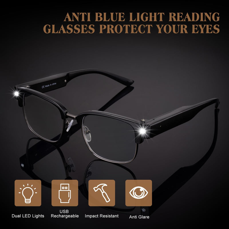 SKYWAY Reading Glasses with Light Metal Frame Magnifier Reading Glasses rechargeable Bright Led Readers Glasses for Men Women Black 2.5 x