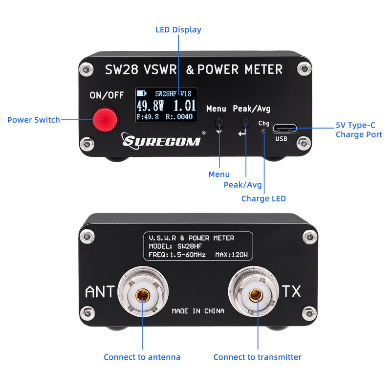 Mcbazel Surecom SW-28HF 1.5MHz-60MHz 120W Mini V.S.W.R. & Power Meter