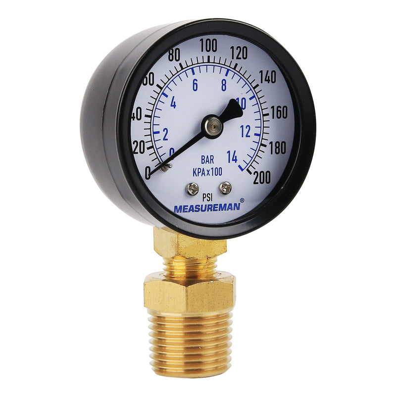 Measureman 2" Well Pump Pressure Gauge, 0-200psi/bar, 1/4" NPT Male with 1/2" NPT Adaptor, +/-3-2-3% Accuracy，Lower Mount 2" 0-200 psi Lower Mount