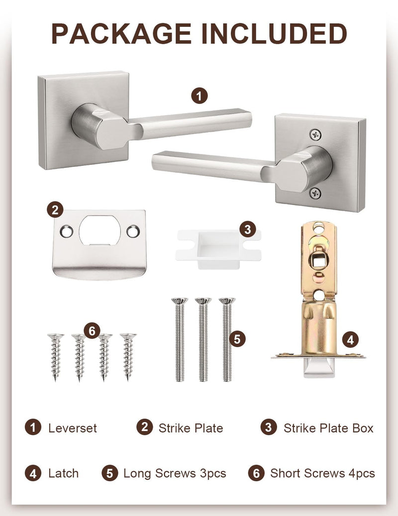 2 Pack Square Brushed Nickel Door Handles Interior, Non-Locking Interior Passage Door Lock Hallway/Closet Door Lever, Heavy Duty Modern Door Handle 2 Passage Door Lever
