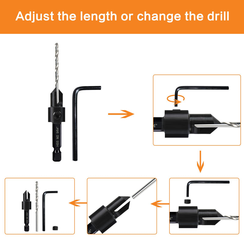 5-pc Woodworking Countersink Counterbore Drill Bit Set 3in1 for #6 8 10 12 16 Screws, M2 Pilot Drill Bits Adjustable Depth, 82-Degree Chamfer with Stop, 1/4” Hex Shank, Includes 2 Allen Wrenches 5Pack Countersink Drill Bits
