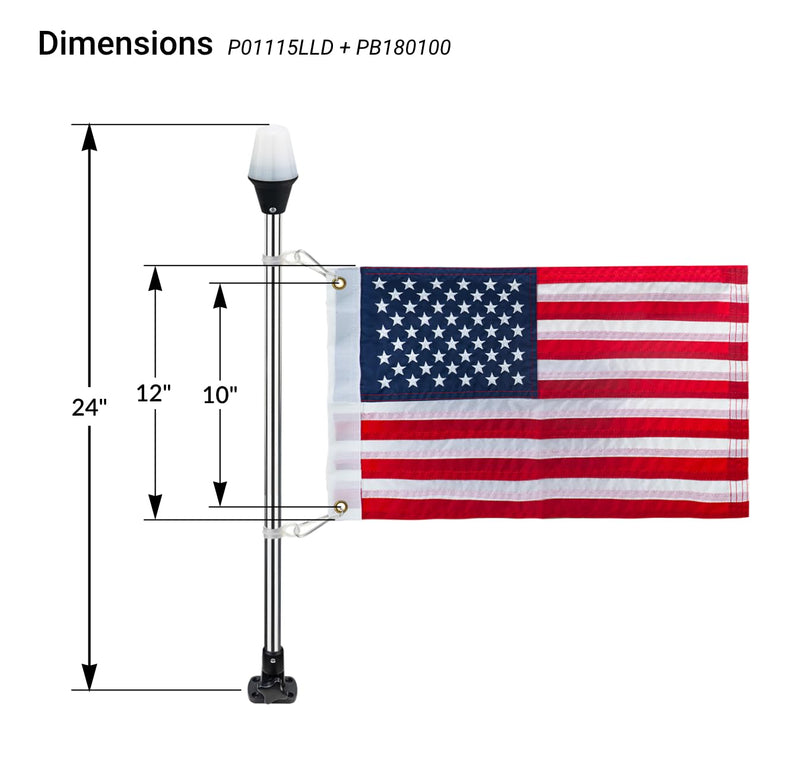 Pactrade Marine Navigation Lights for Boats LED - 24-Inch White LED Folding Stern Lights for Boats with American Flag 12x18 Inches (193 LM, 2 NM) | Boat Navigation Lights, American Flags for Boats Model C (193 LM)