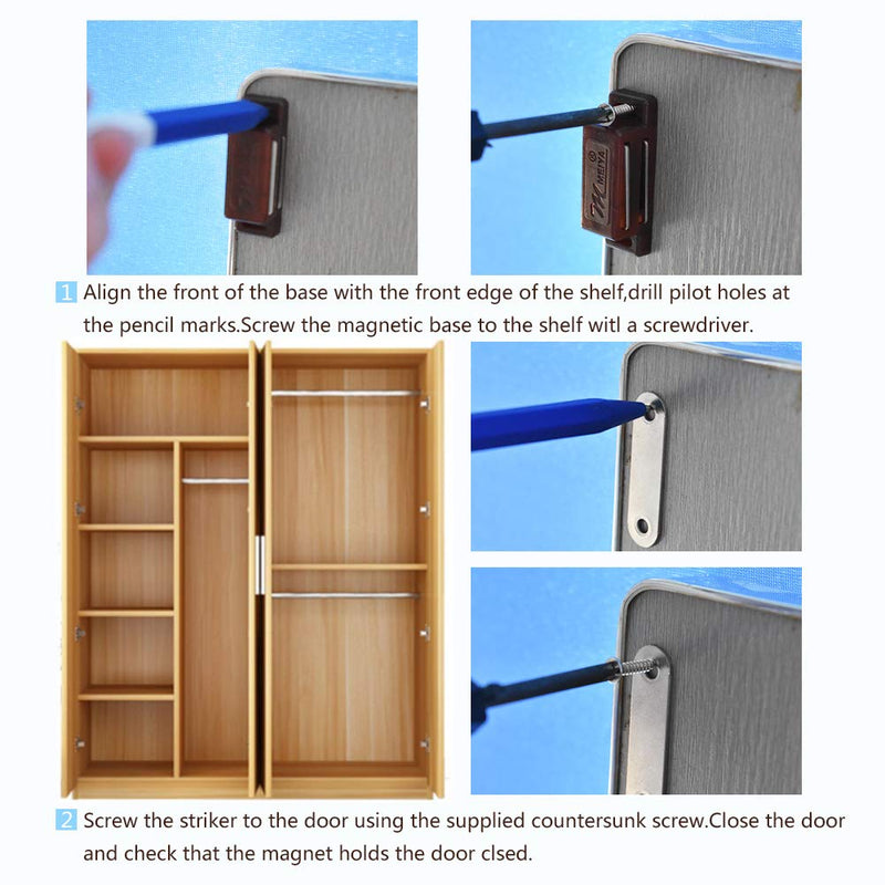 12Pack Magnetic Door Catch - 15lb High Magnetic Plastic Heavy Duty Latch for Kitchen Bathroom Cupboard Wardrobe Closet Closures Cabinet Door Drawer Magnets Screws Included Brown