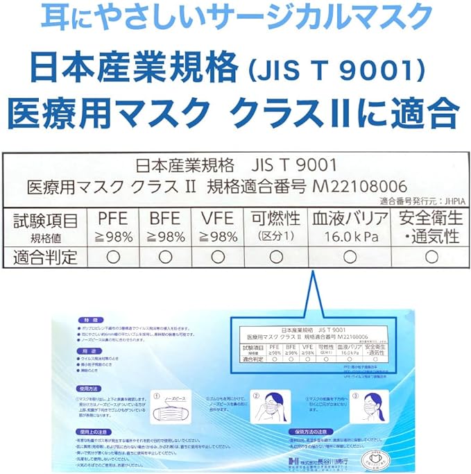 Ear-friendly surgical mask, non-woven fabric, 17.5cm, JIS standard, ear straps 6mm, normal to slightly large, normal size (50 pieces) - NewNest Australia
