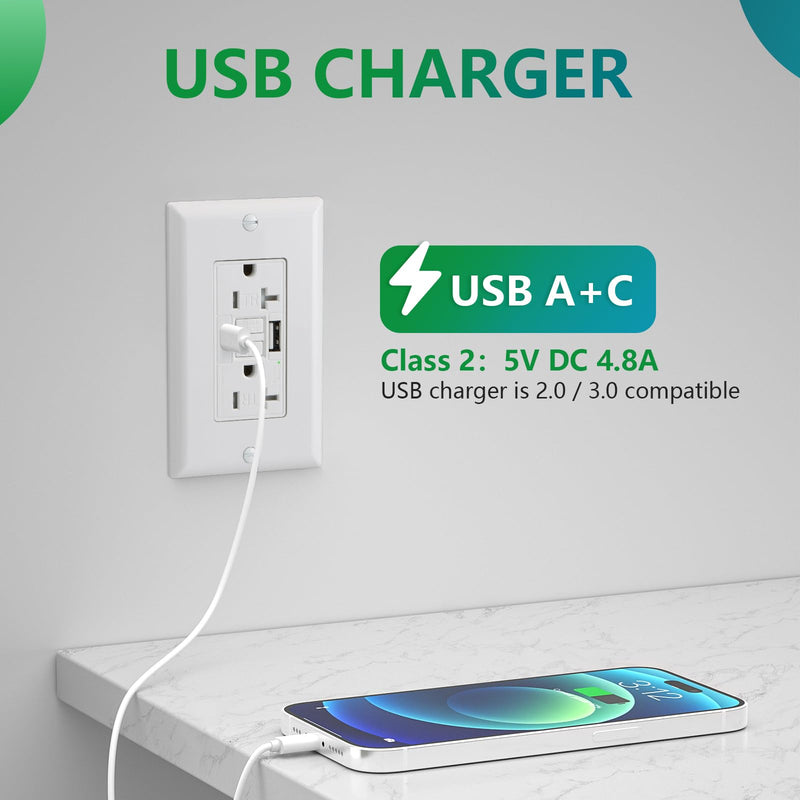 GFCI Outlet with USB in-Wall,20A Self-Test with LED Indicator Tamper Resistant DC5V 4.8A Charger Outlet with USB Type A & TypeC,White 20A_USBA&C