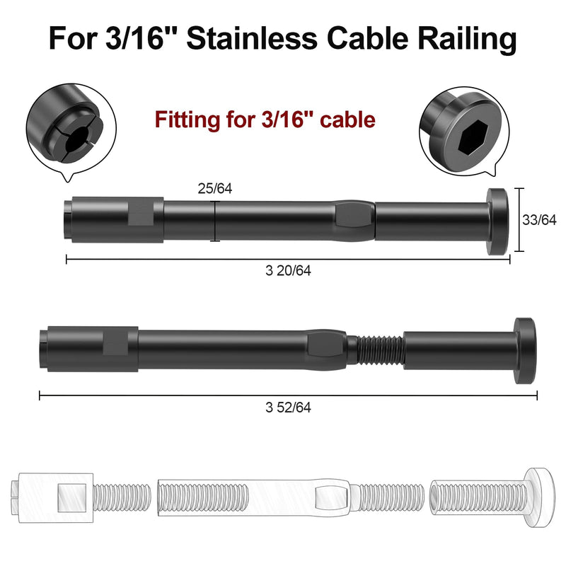 BLIKA 20 Pack 3/16" Black Swageless Invisible Cable Railing Kits 3/16"