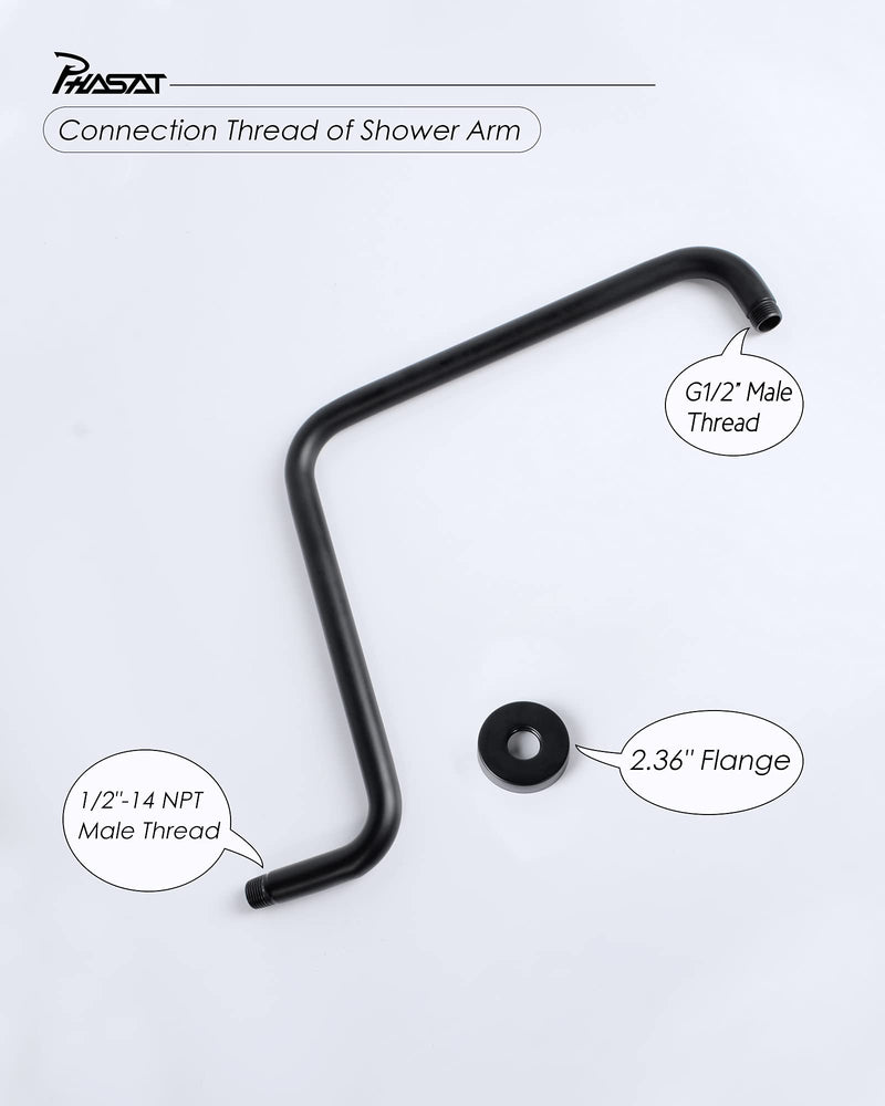 PHASAT 16 Inches Black Shower Head Arm,S Shaped Shower Arm with Flange,High Rise Shower Head Extension Arm,Shower Arm Extension Matte Black,PU9H02 Round
