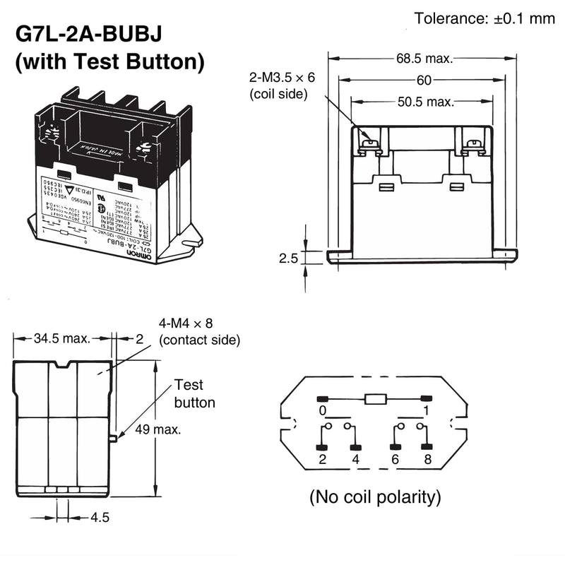 G7L-2A-BUBJ-CB DC24 General Purpose Relay with Test Button - 24 VDC Class B Insulation, Screw Terminal, Upper Bracket Mounting, DPST-NO Contacts