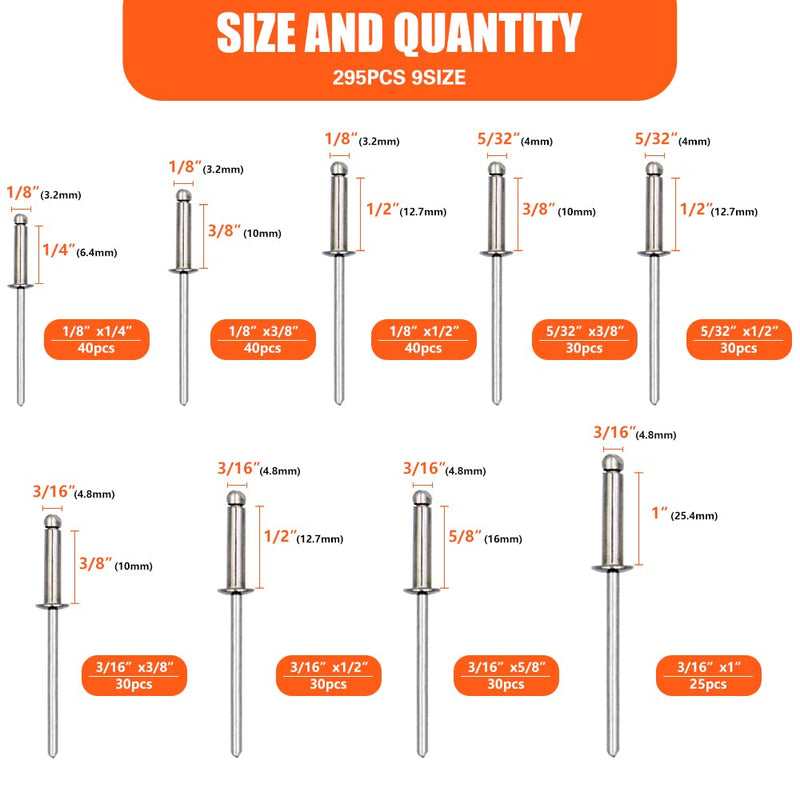 BOTTEN 100 pcs 1/8"x 1/4" Stainless Steel Blind Pop Rivets,3.2 x 6mm Open End Type Pop Rivet Grip Range 1/8-1/4 inch MD005-1/8"x 1/4"